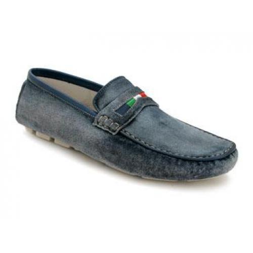 Bacco Bucci "Zubrus" Blue Genuine Hand Brushed Italian Vintage Calfskin Loafer Shoes
